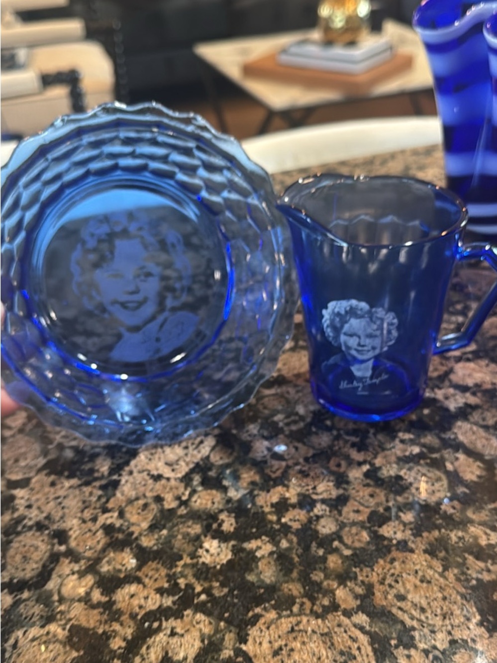 Hazel Atlas Cobalt Blue Shirley Temple Creamer pitcher and plate set - vintage